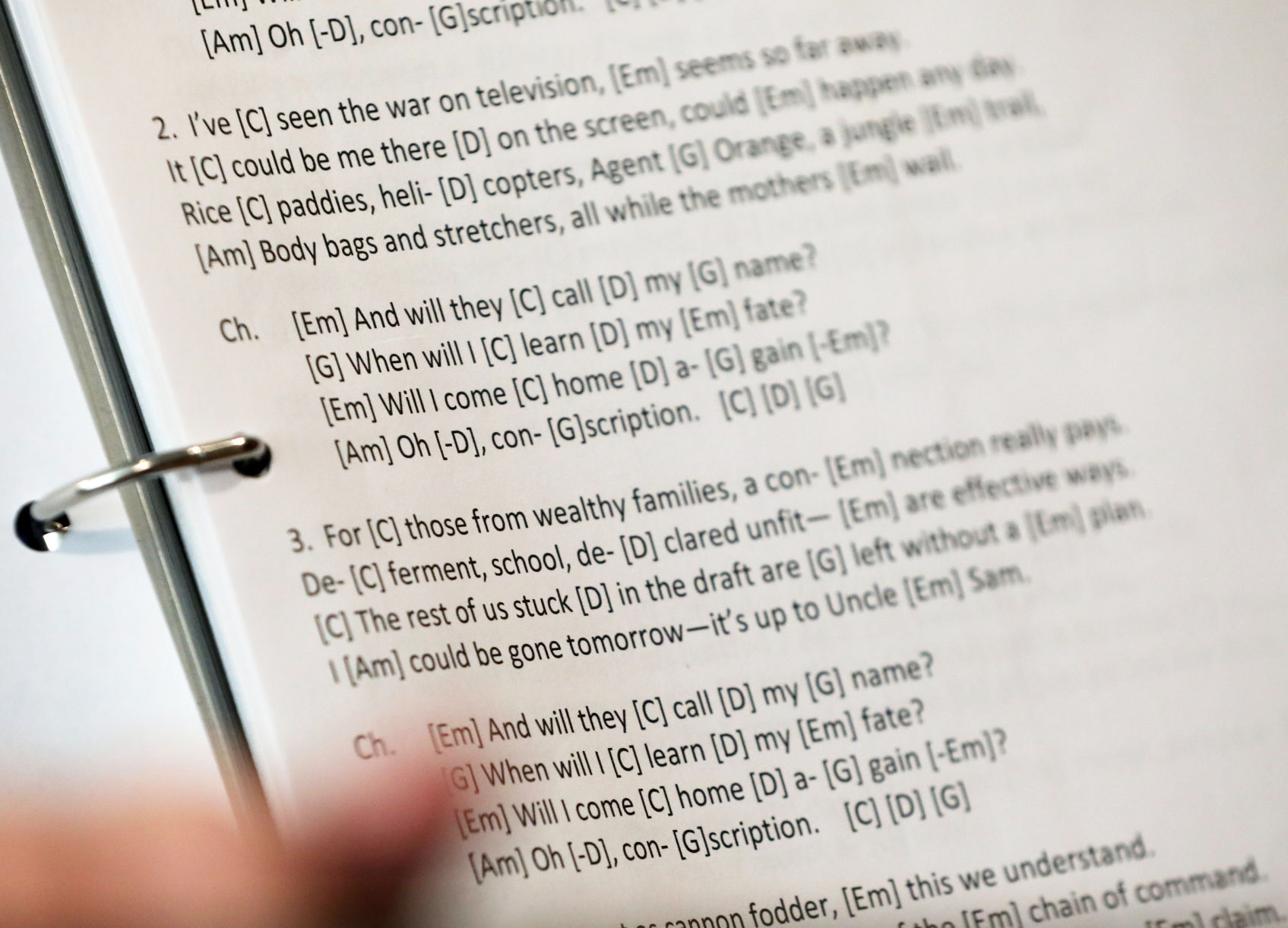 Close-up of words for the song "Conscription"